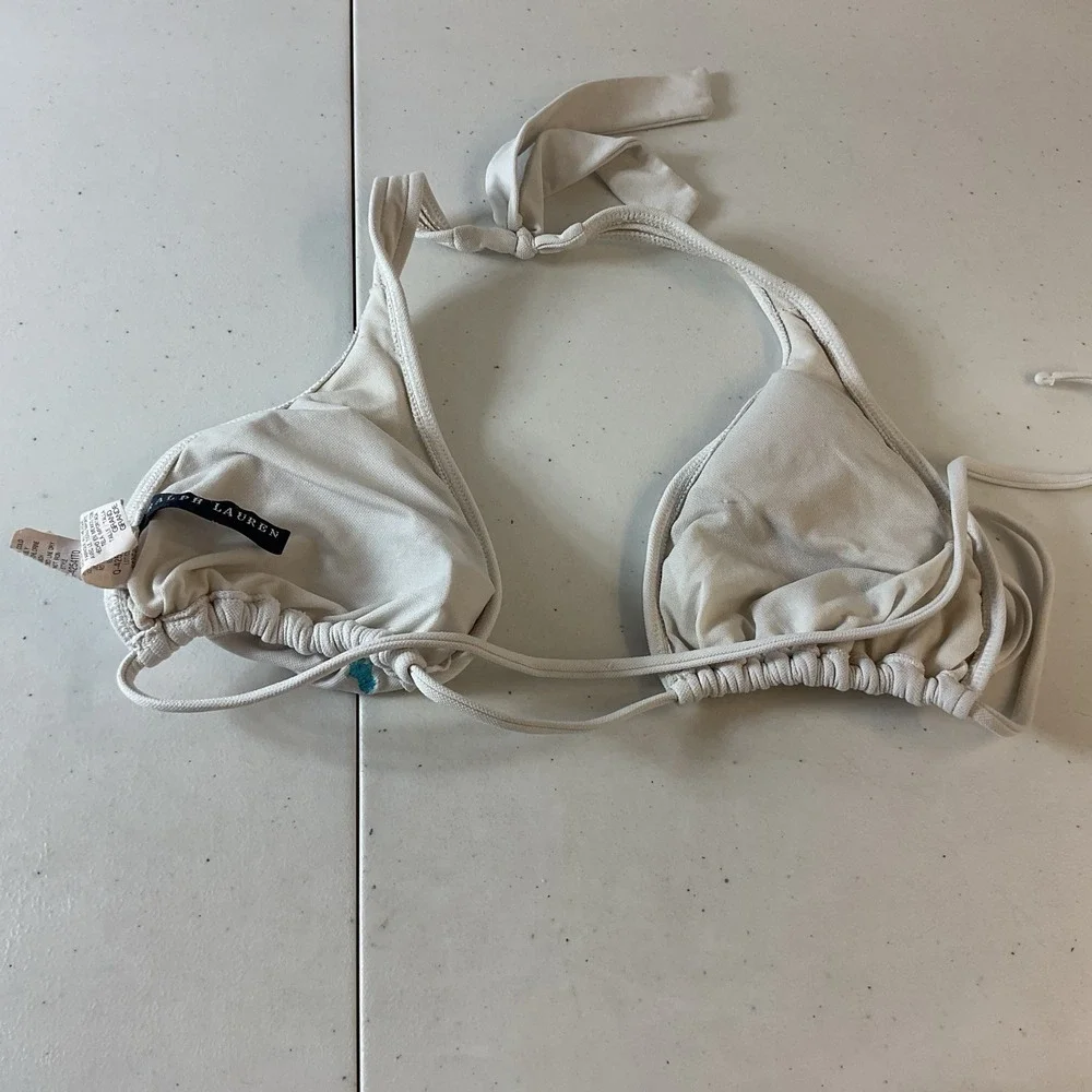 Ralph Lauren Ivory Embroidered Triangle Halter Bikini Top Adjustable Logo Rare L